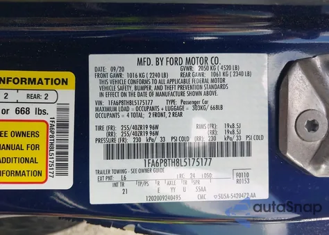 2020 Ford Mustang Ecoboost Fastback z USA, uszkodzony, nr VIN 1FA6P8TH8L5175177